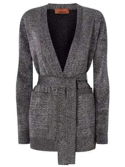 Missoni Glitter-effect Viscose Cardigan With Belt In Grey