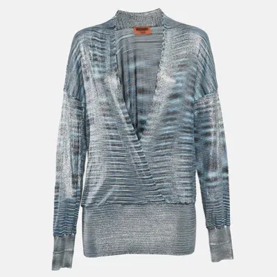 Pre-owned Missoni Metallic/blue Lurex Knit Drape Neck Top L