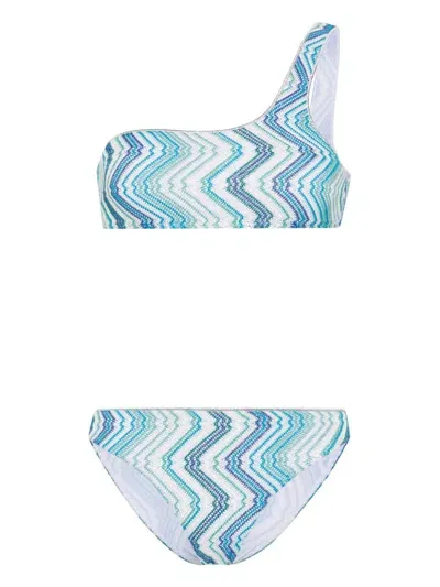 Missoni One-shoulder Bikini With Zigzag Pattern In Blue