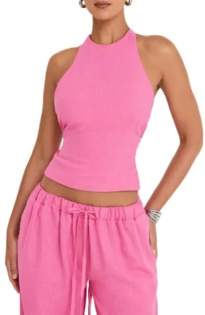 Mistress Rocks Crop Linen Blend Halter Top In Rose