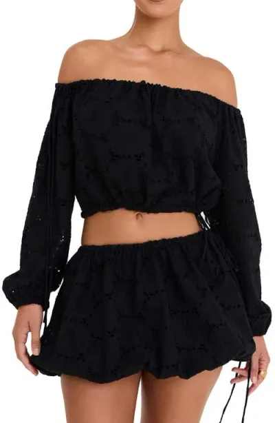 Mistress Rocks Off The Shoulder Cotton Eyelet Crop Top In Black