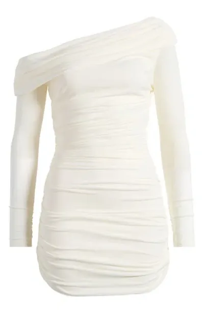 Mistress Rocks Ruched One-shoulder Long Sleeve Minidress In Ivory