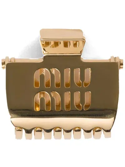 Miu Miu Debossed-logo Claw Clip In Gold