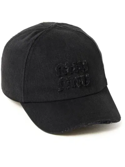 Miu Miu Denim Baseball Cap In Black