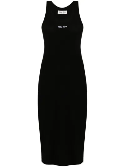 Miu Miu Embroidered-logo Midi Dress In Black