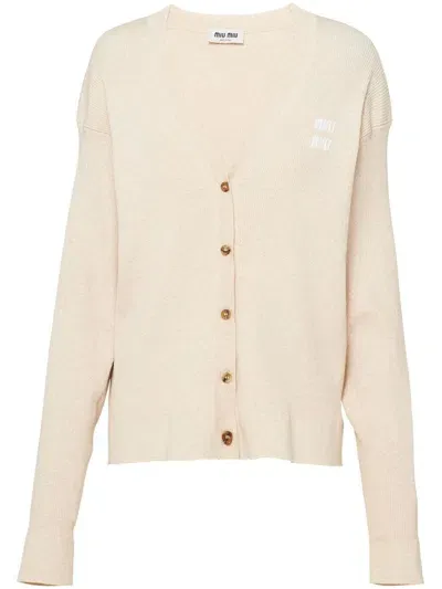 Miu Miu Embroidered-logo V-neck Cardigan In Neutrals