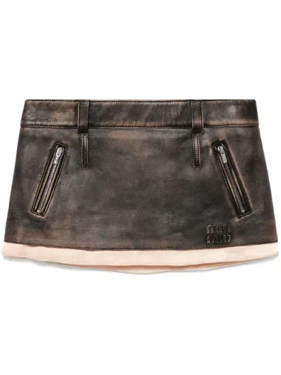 Miu Miu Leather Mini Skirt In Brown