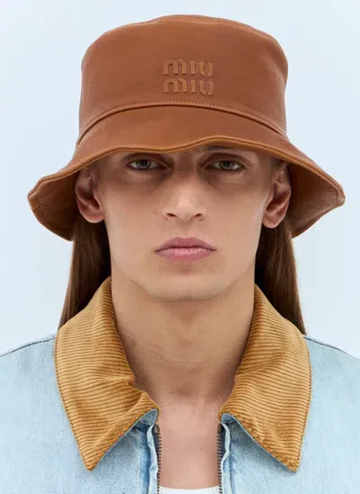 Miu Miu Logo Leather Bucket Hat In Brown