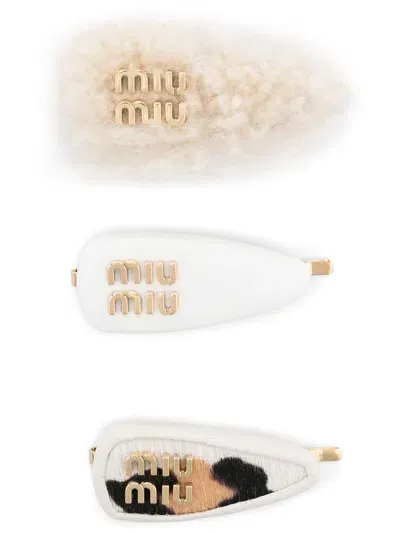 Miu Miu Logo-lettering Hair Clips (set Of Three) In White