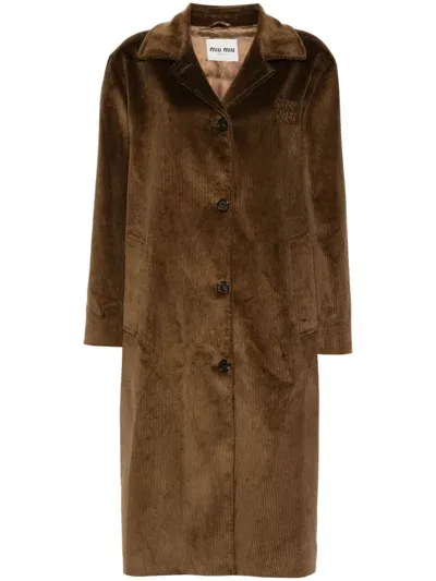 Miu Miu Logo-patch Coat In Brown