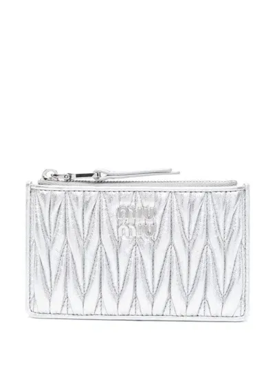 Miu Miu Logo-plaque Matelassé Wallet In Silver