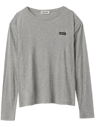 Miu Miu Long-sleeved Ribbed Jersey T-shirt In F0031 Grey