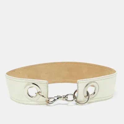 Pre-owned Miu Miu Off White Leather Buckle Waist Belt 85cm