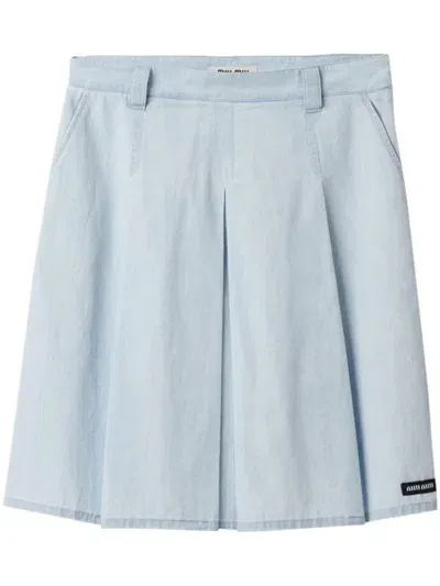 Miu Miu Pleated Chambray Skirt In Blue