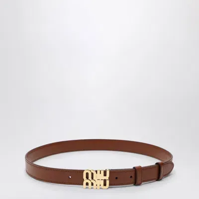 Miu Miu Tobacco Leather Belt With Logo In Brown