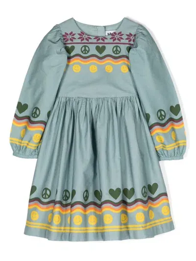 Molo Kids' Cilja Long Puff-sleeves Cotton Dress In Blue