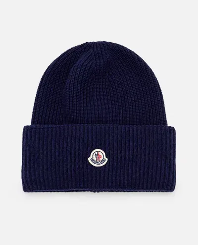 Moncler Beanie Logo Hat In Blue