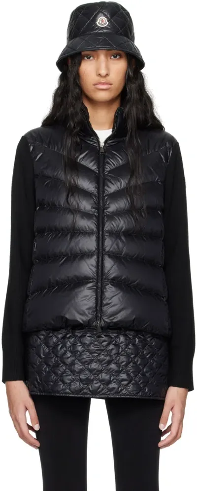 Moncler Black Padded Wool Down Cardigan In 999 Black