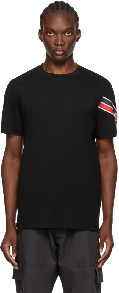 Moncler Stripe Logo Cotton T-shirt In Black