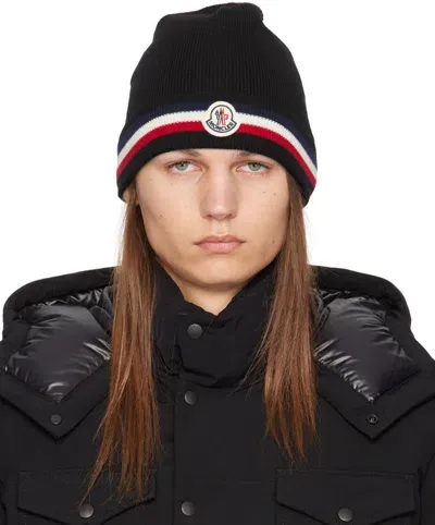 Moncler Black Tricolor Wool Beanie In 999 - Black