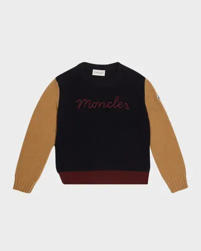 Moncler Kids' Boy's Logo Script Multicolor Sweater In Navy