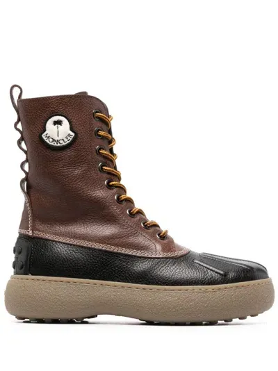 Moncler Winter Gommino Leather Boots In Brown