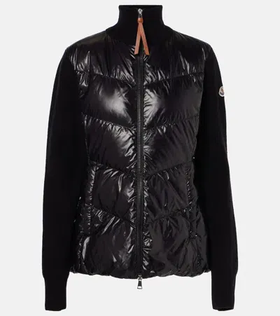 Moncler Down-paneled Wool-trimmed Cardigan In Black