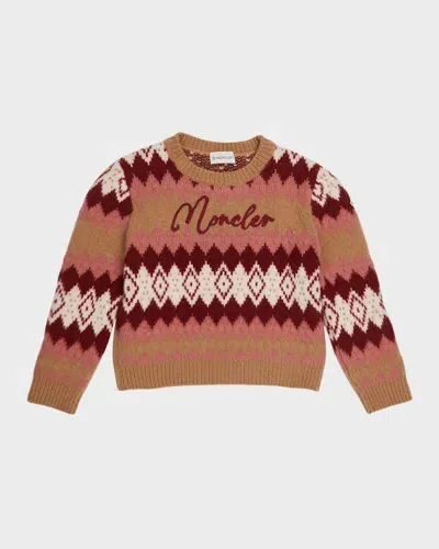 Moncler Kids' Girl's Embroidered Logo-print Diamond Intarsia Sweater In Pink