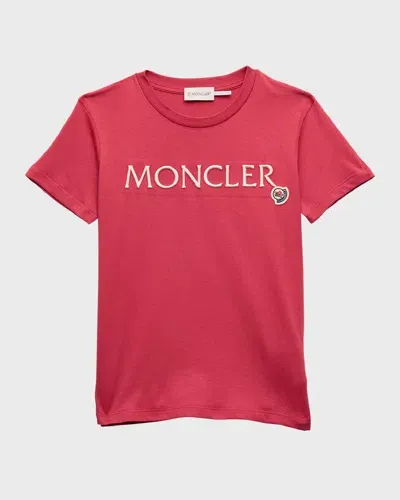 Moncler Kids' Girl's Embroidered Logo-print T-shirt In Berry