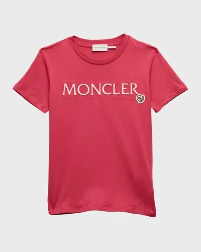 Moncler Kids' Girl's Embroidered Logo-print T-shirt In Berry