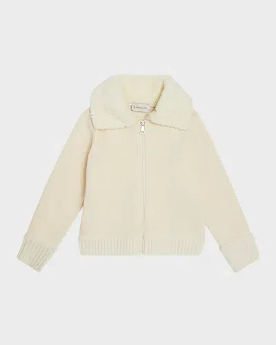 Moncler Kids' Girl's Fleece Combo Jacket W/ Faux Fur Trim In Cream