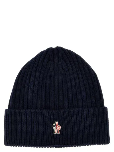 Moncler Logo Patch Ribbed Beanie In Navy Blue