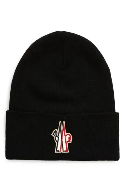 Moncler Grenoble Logo Patch Virgin Wool Beanie In Black