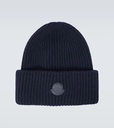 Moncler Leather-trimmed Cashmere Beanie In Blue