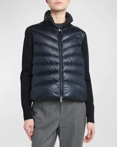 Moncler Lightweight Wool Puffer Cardigan In Blue