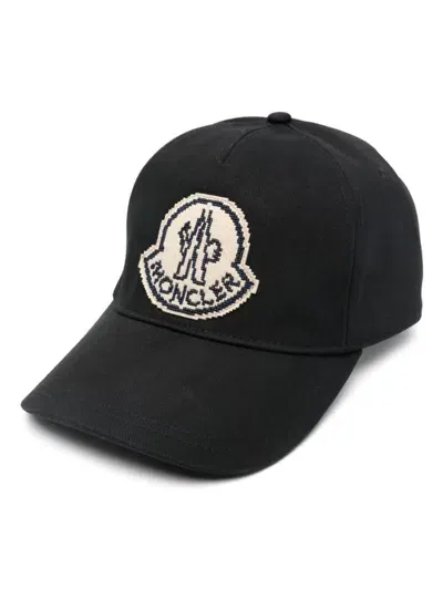 Moncler Logo Cotton Baseball Cap In Black