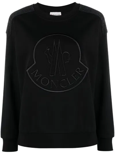 Moncler Logo Cotton Crewneck Sweatshirt In Black