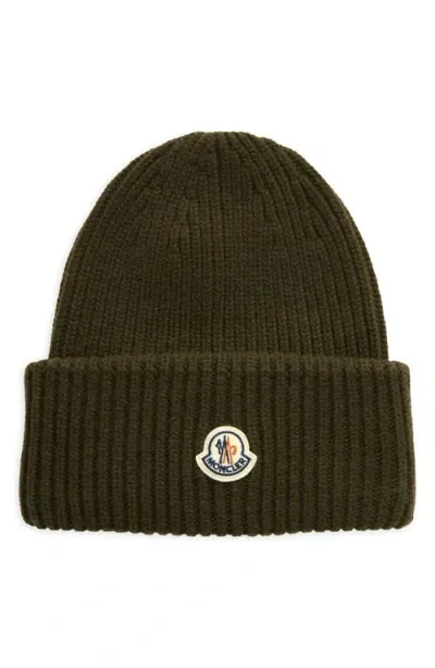 Moncler Logo Cuff Virgin Wool & Cashmere Blend Beanie In Olive Green