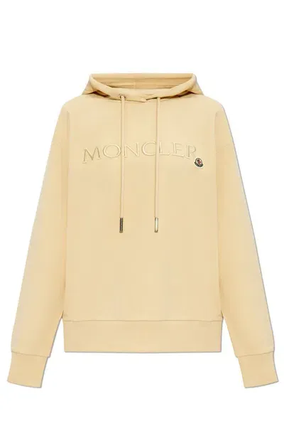 Moncler Logo Embroidered Drawstring Hoodie In Beige