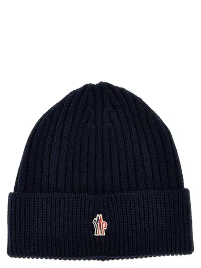 Moncler Logo Embroidery Beanie In Dark Blue