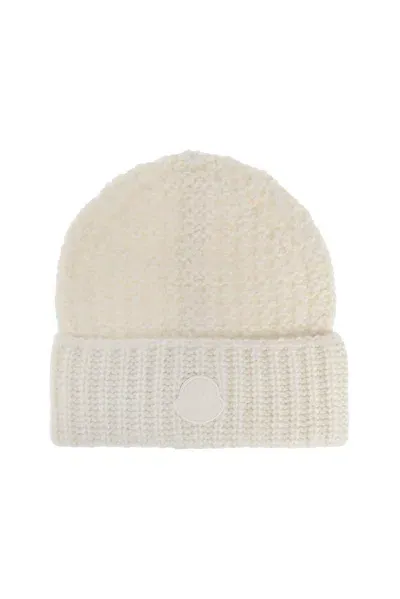 Moncler Logo Patch Knit Beanie In Beige