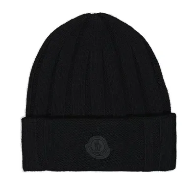 Moncler Logo-patch Wool Beanie In Black