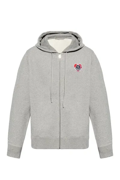 Moncler Logo Patch Zip Up Hoodie In Grey