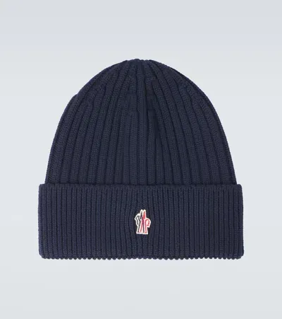 Moncler Logo Virgin Wool Beanie In Navy