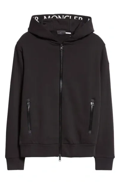 Moncler Maglia Logo Embroidered Zip Front Hoodie In Black