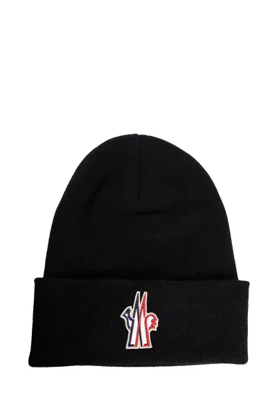 Moncler Logo Wool Knit Beanie Hat In Black