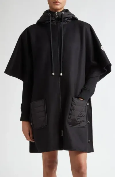 Moncler Mantella Mixed Media Down Pocket Hooded Wrap In Black