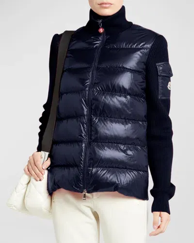 Moncler Mixed Media Wool Puffer Cardigan In Navy