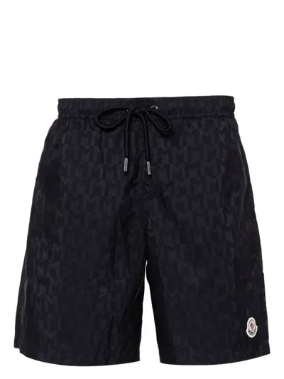 Moncler Monogram-print Drawstring Swim Shorts In Blue