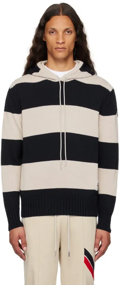 Moncler Navy & Beige Stripe Hoodie In P70 - Blue Sand